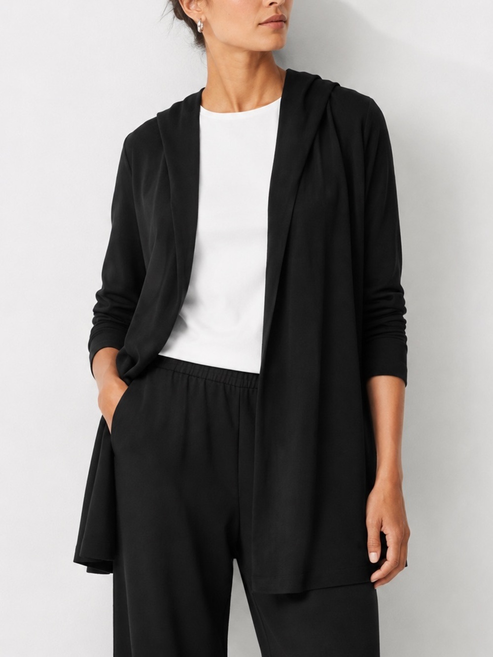 Eileen Fisher Black Organic Cotton Hooded Long Cardigan Small NWOT